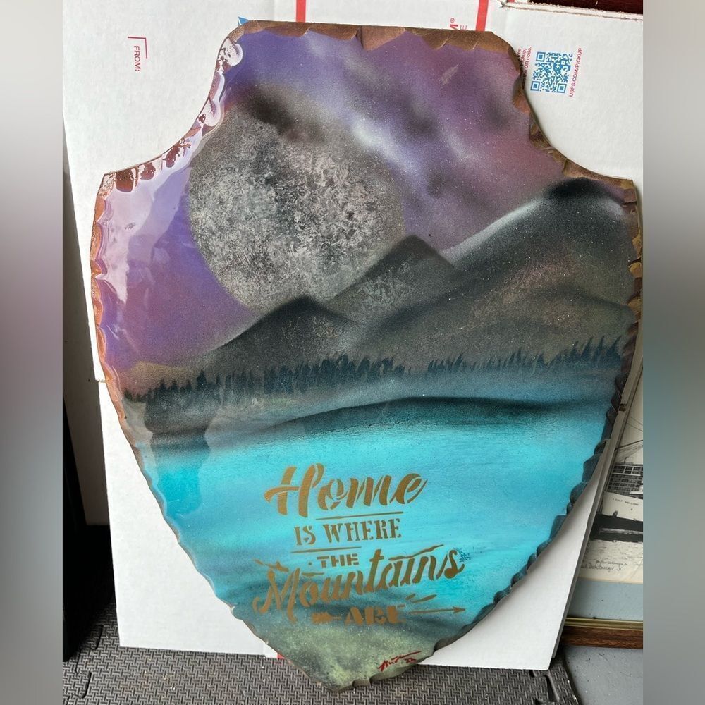 large arrowhead shaped North Carolina Mountains Moon Sea Resin art ready to hang